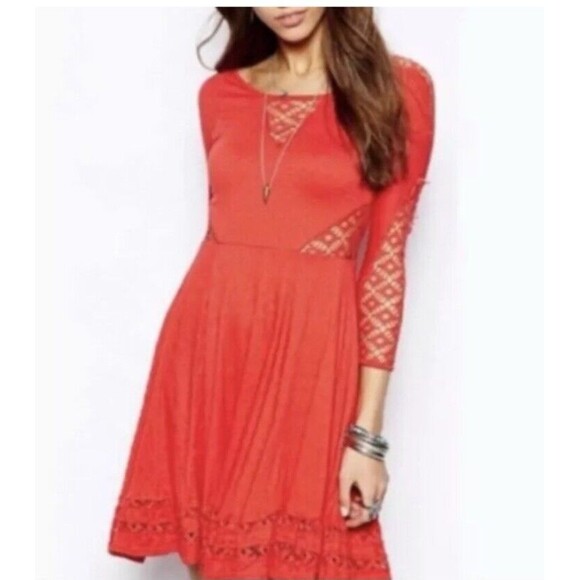 Free People M To The Point  Dress with Lace Cut Outs  Eyelet Long Sleeves - Picture 1 of 10